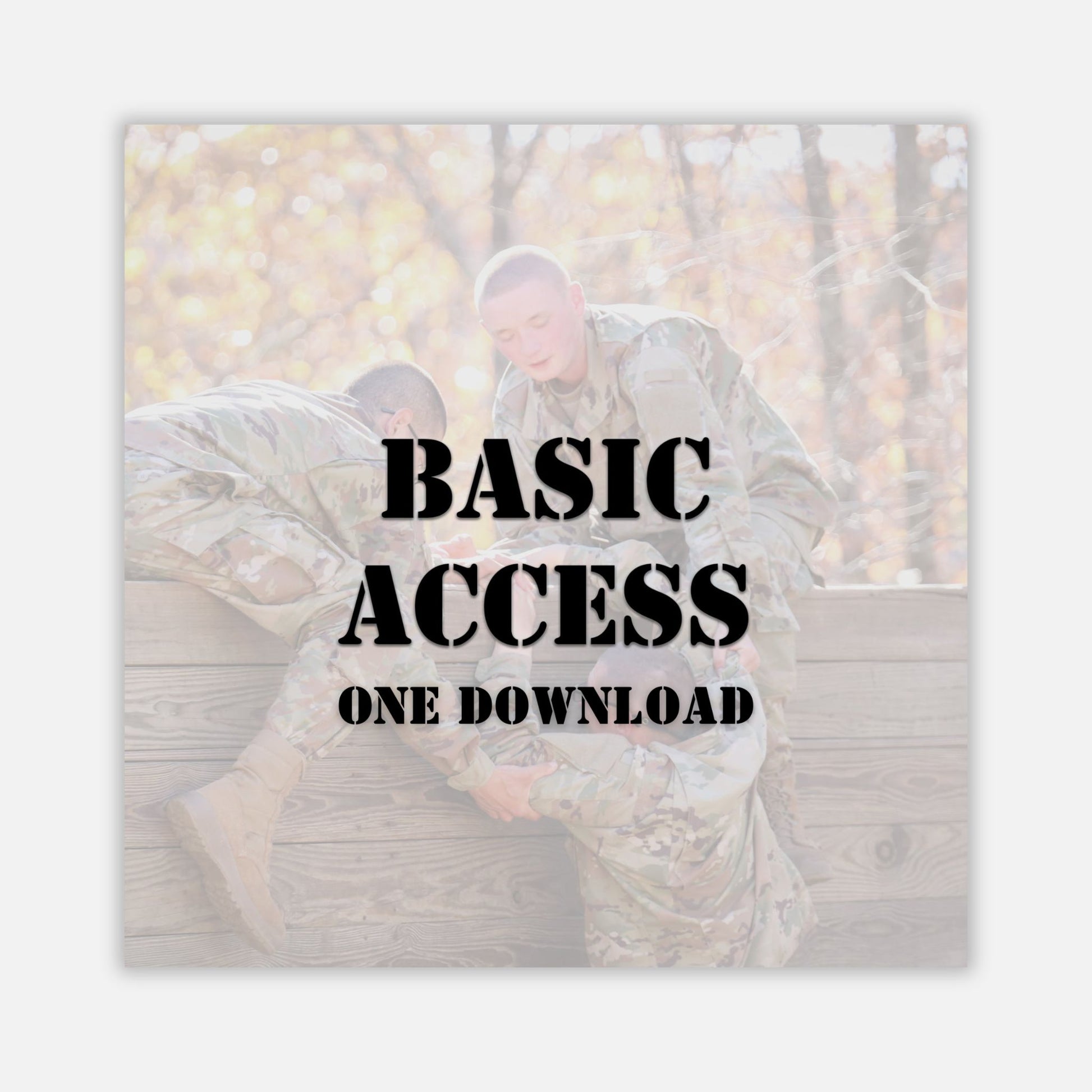 Two people in camouflage sitting on a log with 'Basic Access One Download' text overlay.
