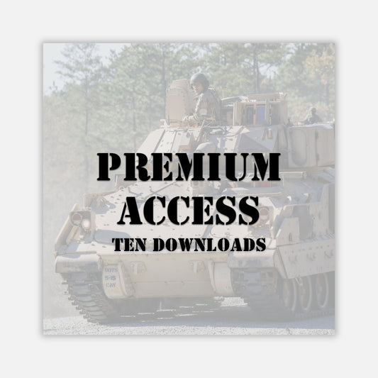 Tank with soldiers on a white background, text overlay 'Premium Access Ten Downloads'.